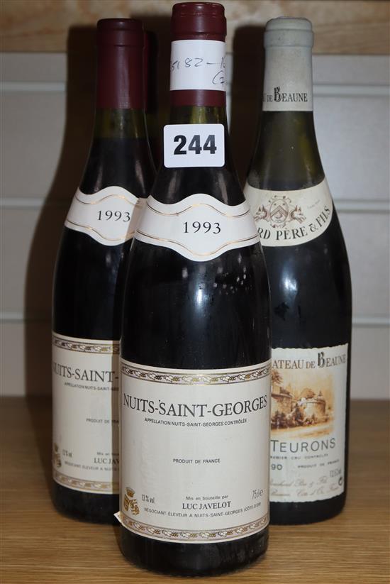 Three bottles of Beaune-Teurons, 1990 (Bouchard), one bottle of Chambolle-Musigny, 1991 (Perier), two bottles of Nuits-Saint-Georges,